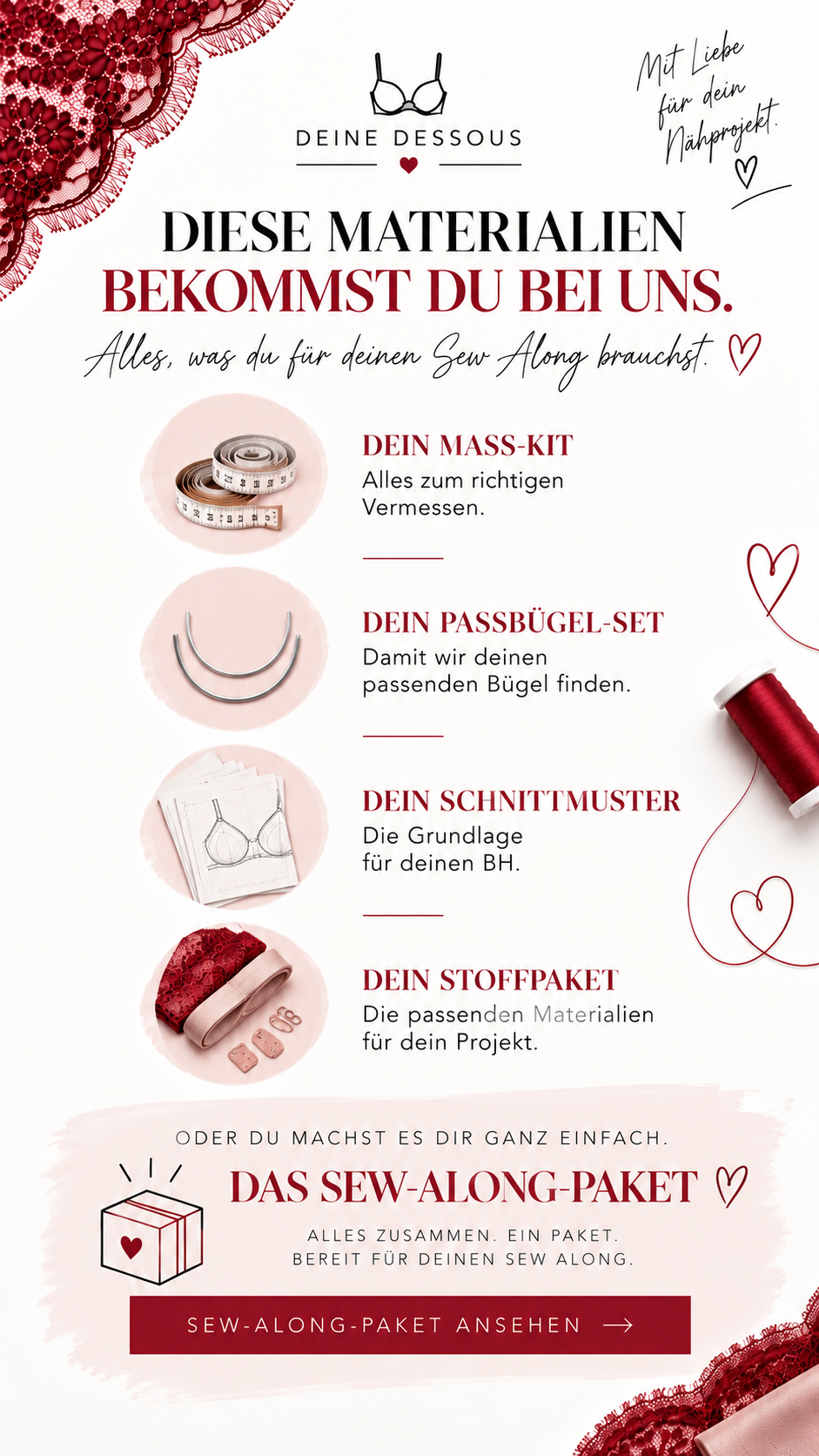 Materialien für den Sew Along: Maß-Kit, Passbügel-Set, Schnittmuster und Stoffpaket